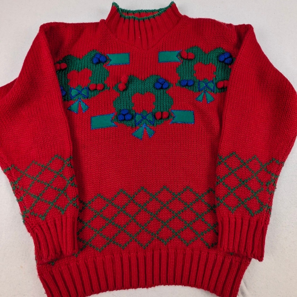 Karen Scott Vintage Red Wreath Christmas Sweater Mock Neck Pom Poms Medium